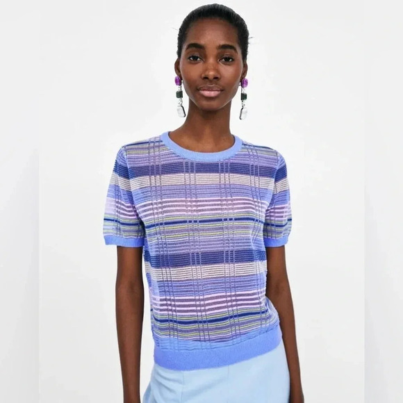 🎈4 LISTINGS FOR $20 Zara Knit Sheer Top in purple blue pink size S - Picture 1 of 9